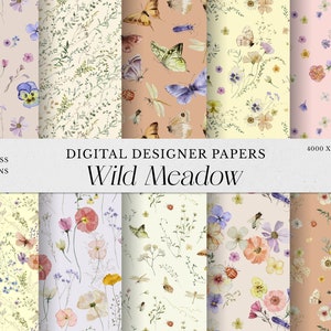 Wild Meadow Digital Papers Wildflower Acquerello clipart, Carta delicata di fiori pressati, Piccoli motivi floreali Modello di fiori di campo estivo