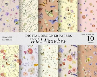 Wild Meadow Digital Papers Wildflower Watercolor clipart, Delicate pressed flowers paper, Tiny florals patterns Summer field Flowers pattern