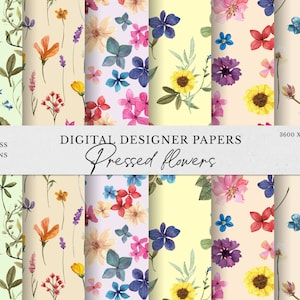 Geperste bloemen naadloze patronen bloemenaquarel - gedroogde bloemen, kruiden clipart, Vintage patronen voor stofafdrukken, digitale papieren PNG