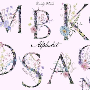 Aquarell Wildblumen Alphabet Clipart, zarte Wildblumen Buchstaben, kleine weiche Blumen Buchstaben, Hochzeit Monogramm PNG
