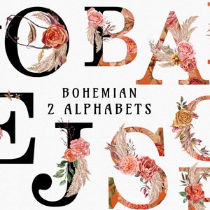 Boho Bloom Pampas Grass clipart, boho feuilles de palmier séchées Alphabet, monogramme de roses aquarelle florale, lettres neutres et chiffres PNG