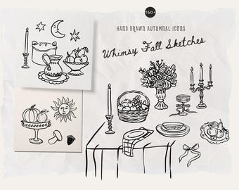 Gemütliche Herbst Clipart - Herbstliche Handgezeichnete Icons - Herbst Fine Art Clipart - Herbst Party Elemente PNG - Herbst Linie Kunst Skizzen