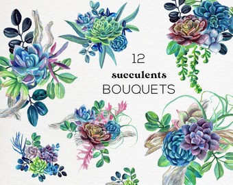 Succulents Floral watercolor clipart, Watercolor floral arrangements, watercolor succulent clipart cactus, floral bouquets wedding clipart