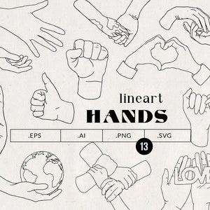 Puede incluir: Un conjunto de 13 ilustraciones de manos en línea de arte en varias poses, incluyendo un signo de paz, un pulgar hacia arriba, un puño, una forma de corazón y manos sosteniendo un globo terráqueo y la palabra "LOVE".