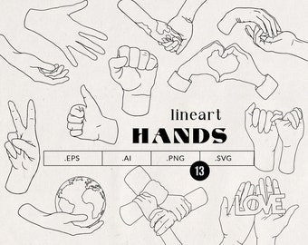 Human hands lineart clipart, vector abstract hand silhouette, holding hands illustration,fist,Diversity equality clipart, peace sign PNG SVG