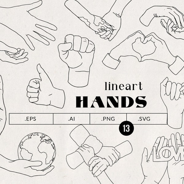 Human hands lineart clipart, vector abstract hand silhouette, holding hands illustration,fist,Diversity equality clipart, peace sign PNG SVG