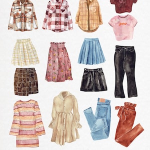 Puede incluir: Un conjunto de 55 ilustraciones de acuarela de art&iacute;culos de moda de oto&ntilde;o, que incluyen chaquetas, su&eacute;teres, camisas, faldas, pantalones, vestidos, zapatos, bolsos y accesorios. Las ilustraciones son de varios colores y estilos, y son perfectas para usar en proyectos digitales o impresos.
