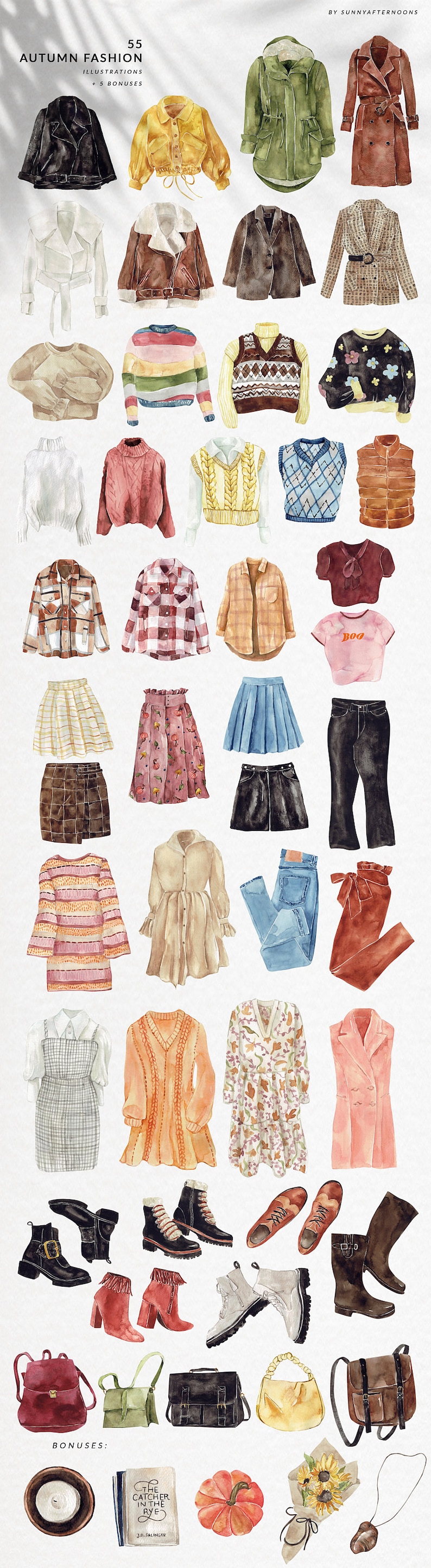 Puede incluir: Un conjunto de 55 ilustraciones de acuarela de art&iacute;culos de moda de oto&ntilde;o, que incluyen chaquetas, su&eacute;teres, camisas, faldas, pantalones, vestidos, zapatos, bolsos y accesorios. Las ilustraciones son de varios colores y estilos, y son perfectas para usar en proyectos digitales o impresos.