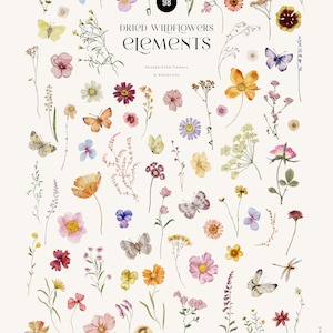 Puede incluir: Una colecci&oacute;n de 98 elementos de acuarela pintados a mano con flores silvestres secas y mariposas. Los elementos son perfectos para crear dise&ntilde;os digitales o f&iacute;sicos, como invitaciones, tarjetas de felicitaci&oacute;n y p&aacute;ginas de &aacute;lbum de recortes.