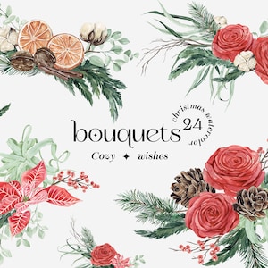 Buquês de inverno aconchegantes aquarela clipart composições naturais de natal feriados arranjo floral PNG, vegetação invernal rosas poinsétia
