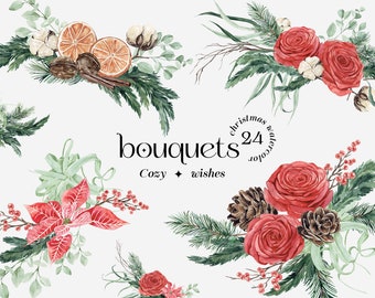 May include: A set of 24 watercolour Christmas bouquets featuring red roses, poinsettias, pine branches, berries, and other winter greenery. The bouquets are perfect for adding a touch of festive cheer to your holiday decor.