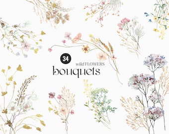 Midsummer Wild field Bouquets Watercolor Wildflower clipart, Delicate flower composition, Summer meadow floral wedding invite logo card PNG
