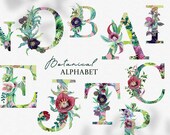 Botanica Watercolor Alphabet Clipart, floral watercolor monogram clipart, botanical letters and numbers digital PNG wedding