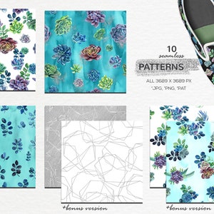 May include: Ten digital seamless patterns featuring watercolor illustrations of succulents and leaves in various colors, including green, blue, and purple. The patterns are set against white and blue backgrounds. The patterns are 3689 x 3689 pixels and are available in JPG, PNG, and PAT formats.