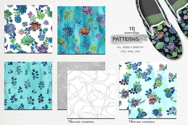 May include: Ten digital seamless patterns featuring watercolor illustrations of succulents and leaves in various colors, including green, blue, and purple. The patterns are set against white and blue backgrounds. The patterns are 3689 x 3689 pixels and are available in JPG, PNG, and PAT formats.