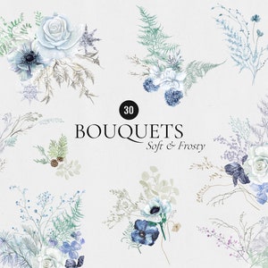 Clipart de buquês de aquarela de inverno gelado, flores delicadas, conjunto floral macio de Natal, clipart de flores silvestres de inverno digital PNG