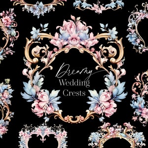 May include: A set of ornate gold wedding crests with floral accents. The crests are decorated with pink and blue flowers and leaves. The text "Dreamy Wedding Crests" is written in cursive.