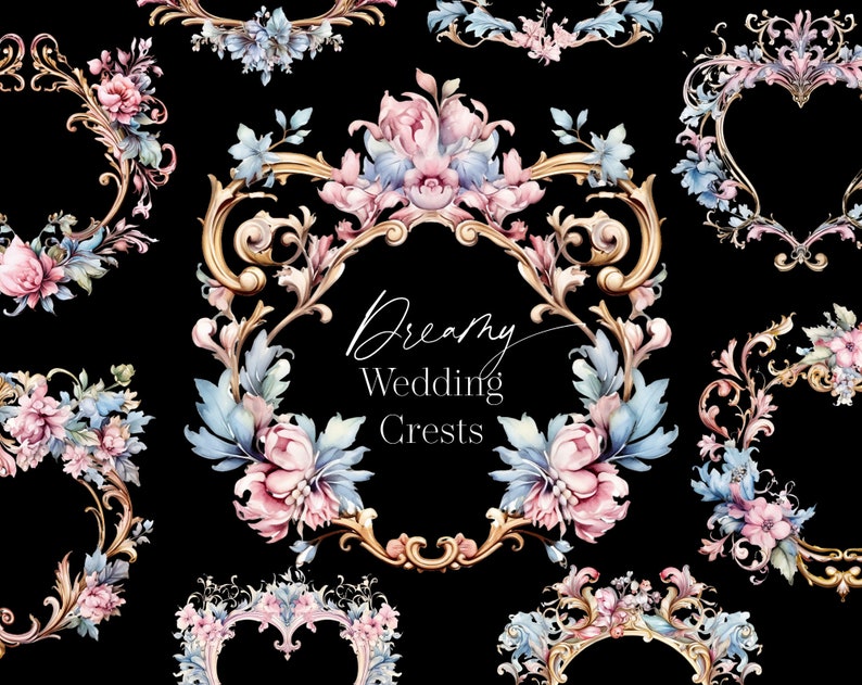 May include: A set of ornate gold wedding crests with floral accents. The crests are decorated with pink and blue flowers and leaves. The text "Dreamy Wedding Crests" is written in cursive.