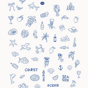 May include: Hand-drawn blue illustrations of summer elements, including sunglasses, seashells, and a sailboat, are scattered across a white background. The word "Coast" is prominently displayed. The phrase "Handdrawn Summer Elements" is also visible.