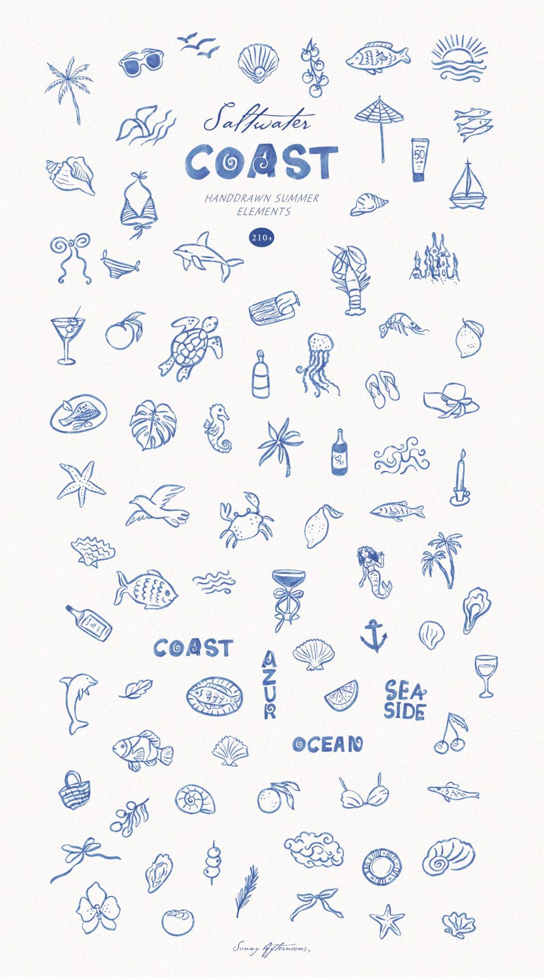 May include: Hand-drawn blue illustrations of summer elements, including sunglasses, seashells, and a sailboat, are scattered across a white background. The word "Coast" is prominently displayed. The phrase "Handdrawn Summer Elements" is also visible.