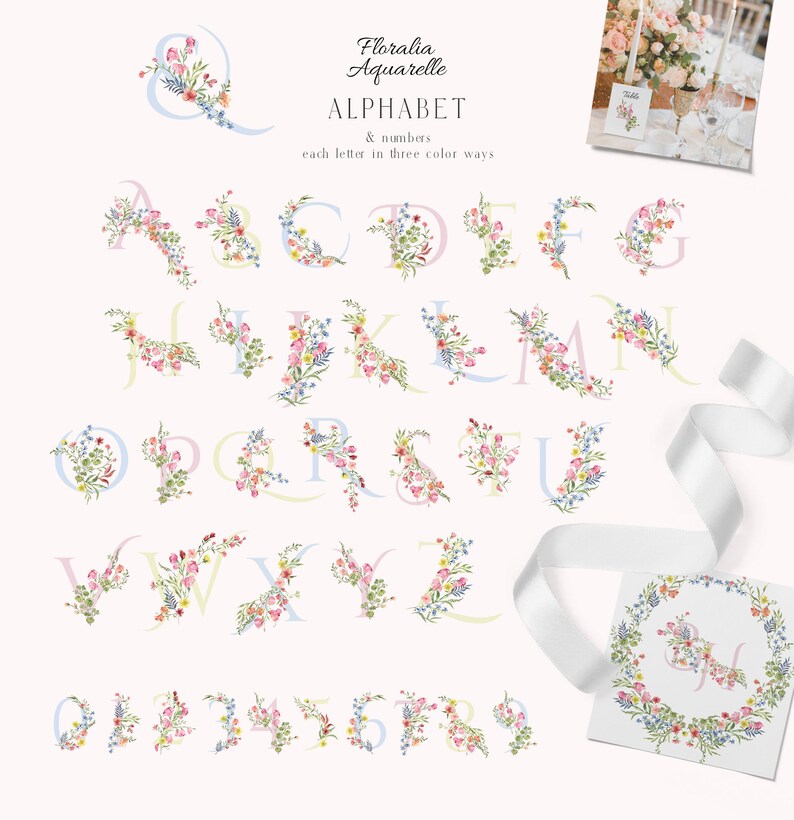 Pastel floral Alphabet, Regency era wedding monogram, Fairytale Letters wedding invite, Romantic watercolor flowers image 2