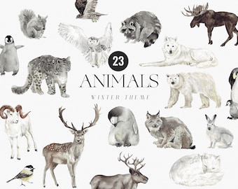 Watercolor Winter animal clipart, Forest Mountain Christmas Animals, Tundra Arctic Animals, Arctic Wolf Polar bear Penguin clipart Deer PNG