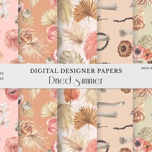 Aquarelle Boho Floral Seamless Patterns, boho fleurs et feuilles de palmier séchées, papiers numériques Boho aquarelle, orchidée rose clipart PNG