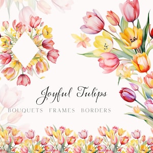 Clipart di fiori di tulipani ad acquerello - Clipart di tulipani caldi bouquet - Clipart floreale primaverile brillante - Cornici di tulipani - Invito di nozze