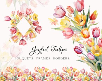 Watercolor Tulips Flowers Clipart - Warm Tulips Clipart bouquets - Bright Spring Floral clipart - Tulip Frames - Wedding Invitation