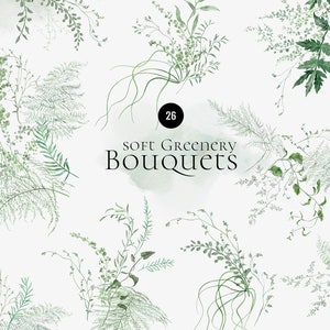 Soft Greenery Bouquets aquarelle clipart, Feuilles délicates, Feuillage fougères Verdure, forêt mariage inviter logo bouquet, Feuille de fougère forestière PNG