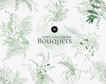 Zacht groen boeketten aquarel clipart, delicate bladeren, gebladerte varens groen, bos bruiloft uitnodigen logo boeket, bosvaren blad PNG