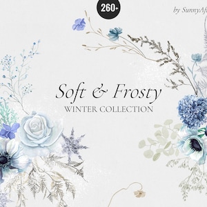 Clipart de aquarela de inverno gelado, flores delicadas, clipart de conjunto de Natal, clipart de guirlanda de inverno, moldura floral suave, elementos digitais PNG