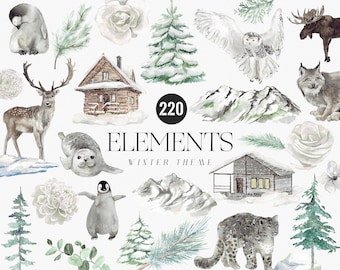 以下が含まれることがあります： 水彩画の冬のテーマのイラスト220点セット。イラストには、動物、植物、家、山、その他の冬の要素が含まれています。イラストは、軽やかで幻想的なスタイルで、プロジェクトに冬の魔法のタッチを加えるのに最適です。