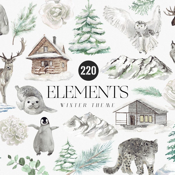 Watercolor Forest Mountain Digital Clipart Set, Winter animal clipart, Wood Cabins, Christmas Animals, Landscape Wintery Pine Trees Bundle