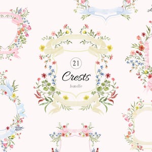 Watercolor Crest clipart, Wedding crests, Regency era wedding invitation, ribbons, Romantic Fairytale invite, rococo floral frames