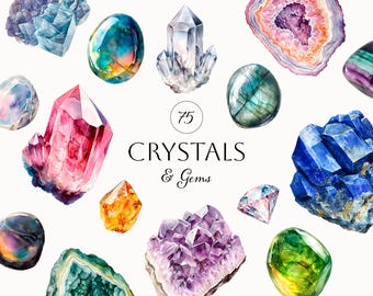 May include: Watercolor illustration of various crystals and gems in shades of blue, pink, orange, green, and purple. The image includes a diamond, a geode, and the text "75 Crystals & Gems."