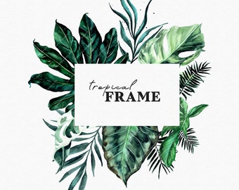 Tropical Lush Watercolor Frame clipart,Tropic Jungle leaves,Exotic greenery gold frames wedding invitations, Green Monstera palm leaf PNG