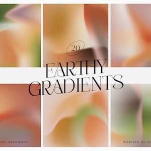Op de afbeelding: Een set van 20 aardse gradiëntachtergronden. De gradiënten zijn in tinten bruin, oranje en groen. De tekst "Earthy Gradients" staat in het midden van de afbeelding. De tekst "Grainy Gradients" staat in de linkerbenedenhoek van de afbeelding. De tekst "Inspired by Vibes" staat in de rechterbenedenhoek van de afbeelding.