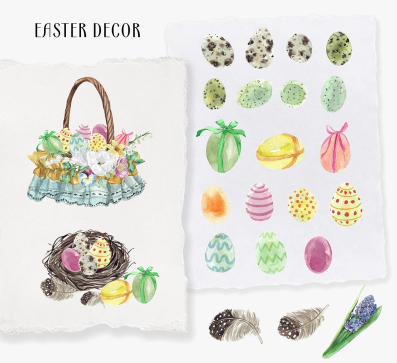 commercial use hyacinth nest feathers watercolor Wicker Easter basket clipart SPRING Essentials Easter eggs quail egg PNG springtime