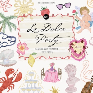 Whimsical Hand-Drawn Colorful doodles - Playful icons for invites - Dolce Vita Wedding - Quirky summer clipart - Quirky watercolor frames