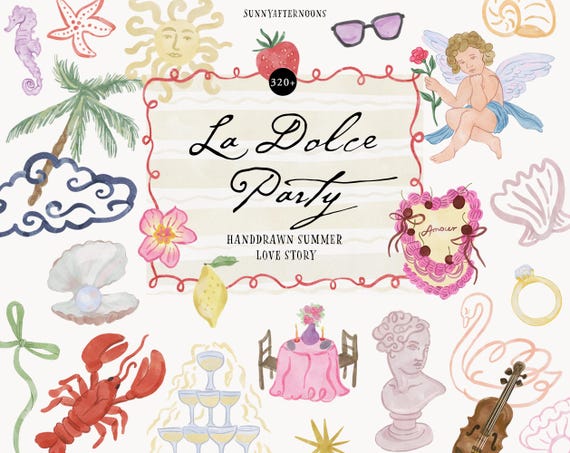 Whimsical Hand-Drawn Colorful doodles - Playful icons for invites - Dolce Vita Wedding - Quirky summer clipart - Quirky watercolor frames