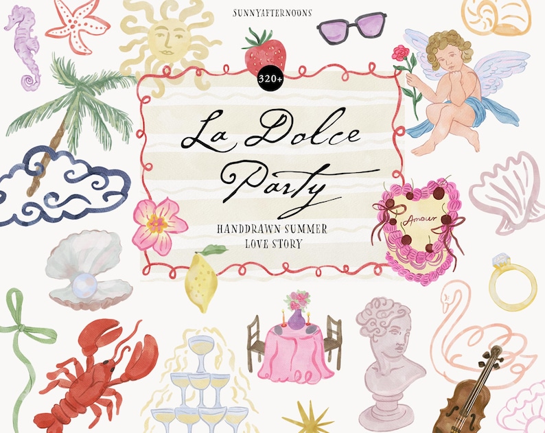 Puede incluir: Ilustraci&oacute;n en acuarela con tem&aacute;tica de verano. Presenta elementos dibujados a mano, como un caballito de mar, una estrella de mar, un sol, gafas de sol, un &aacute;ngel, una fresa y las palabras "La Dolce Party". Incluye una langosta, un lim&oacute;n y una mesa.
