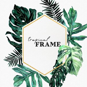 Tropische weelderige aquarel frame clipart, tropische jungle bladeren, exotische groen gouden frames huwelijksuitnodigingen, groene Monstera palmblad PNG