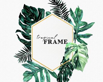 Tropical Lush Watercolor Frame clipart,Tropic Jungle leaves,Exotic greenery gold frames wedding invitations, Green Monstera palm leaf PNG