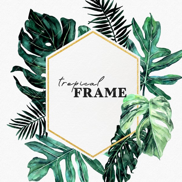 Tropical Lush Watercolor Frame clipart,Tropic Jungle leaves,Exotic greenery gold frames wedding invitations, Green Monstera palm leaf PNG