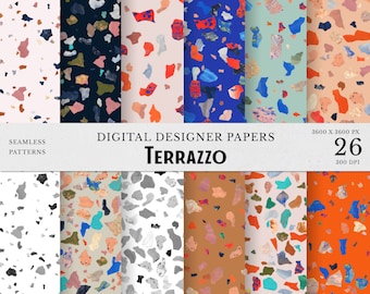 Terrazzo Seamless Patterns, Modern Design set, Terrazzo Mosaic Abstract ClipArt Backgrounds,  Abstract Digital Colorful Papers