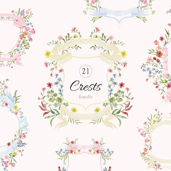 Aquarell Crest Clipart, Hochzeit Wappen, Regency Ära Hochzeitseinladung, Bridgerton Stil, Bänder, romantische Märchenhochzeit einladen