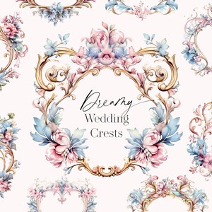 May include: A set of eight watercolor illustrations of ornate gold wedding crests with floral accents in shades of pink and blue. The text "Dreamy Wedding Crests" is written in cursive.