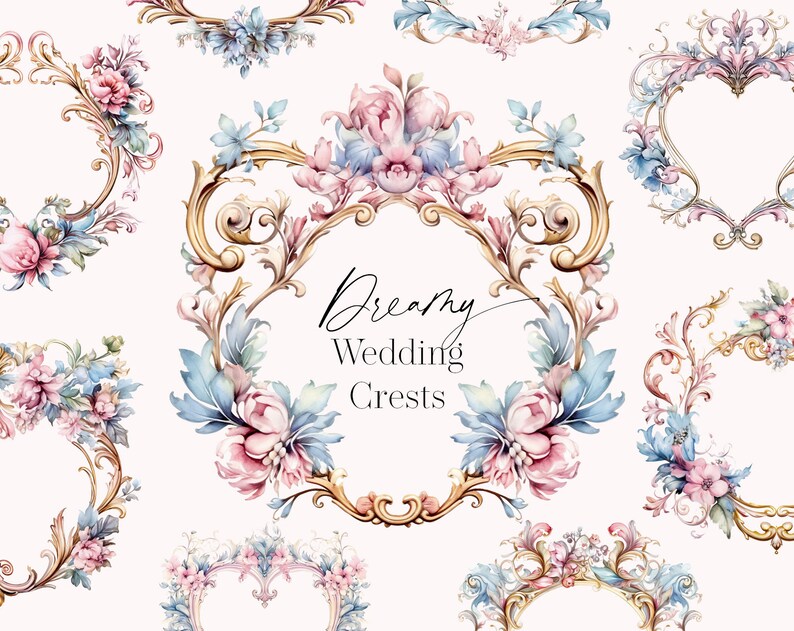 May include: A set of eight watercolor illustrations of ornate gold wedding crests with floral accents in shades of pink and blue. The text "Dreamy Wedding Crests" is written in cursive.