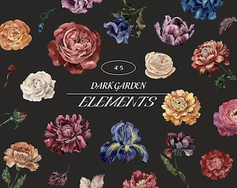 Dark Garden watercolor Flowers clipart, Dark and Moody floral elements DIY, Rembrandt style, autumnal wedding invitation, dark academia, PNG